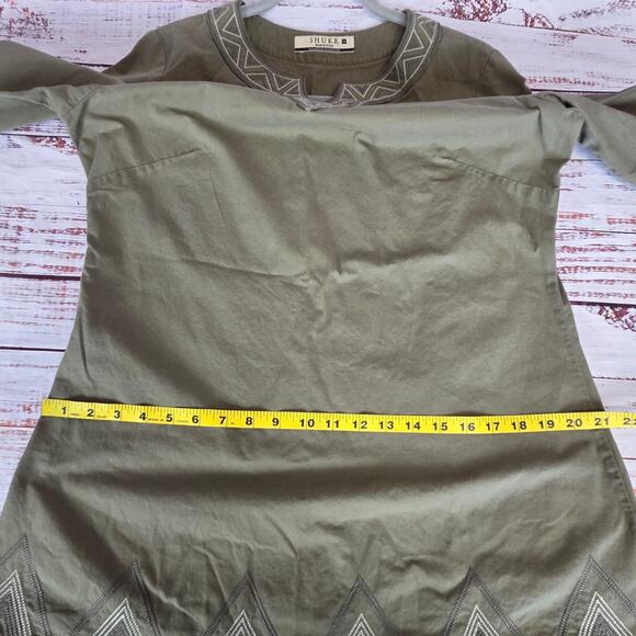 Shukr Tunic Shirt Womens M Olive Green Embroidered Long Sleeve Modest Cotton Top - Picture 10 of 14